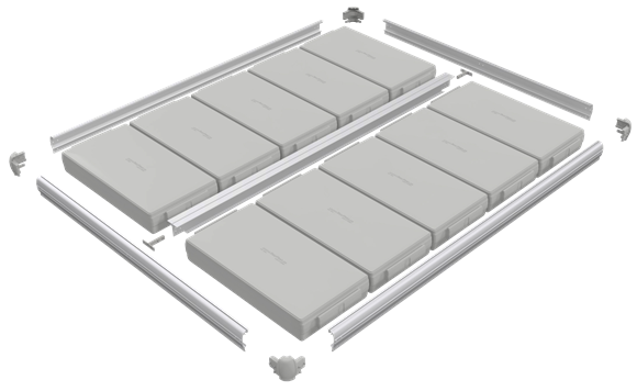 Illustration av EasyFloat bryggsystem med flytblock, T-profiler och C-profiler